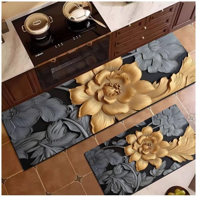 Premium 2- Non-Slip Rubber Kitchen Floor Mats – Soft, Washable, Absorbent Rugs for Kitchen (Black Flower)