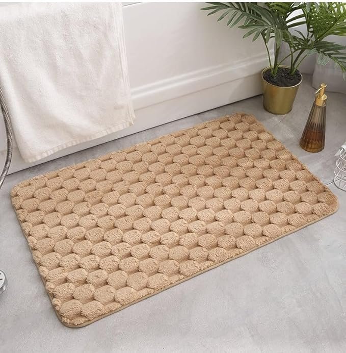 Bathroom Mat | Anti Slip, Anti Skid Mat for Bathroom Floor | Soft, Washable, Water Absorbent, Quick Dry, Non Slippery Bath Rug Large Size (60x40 cm) (Check Beige)