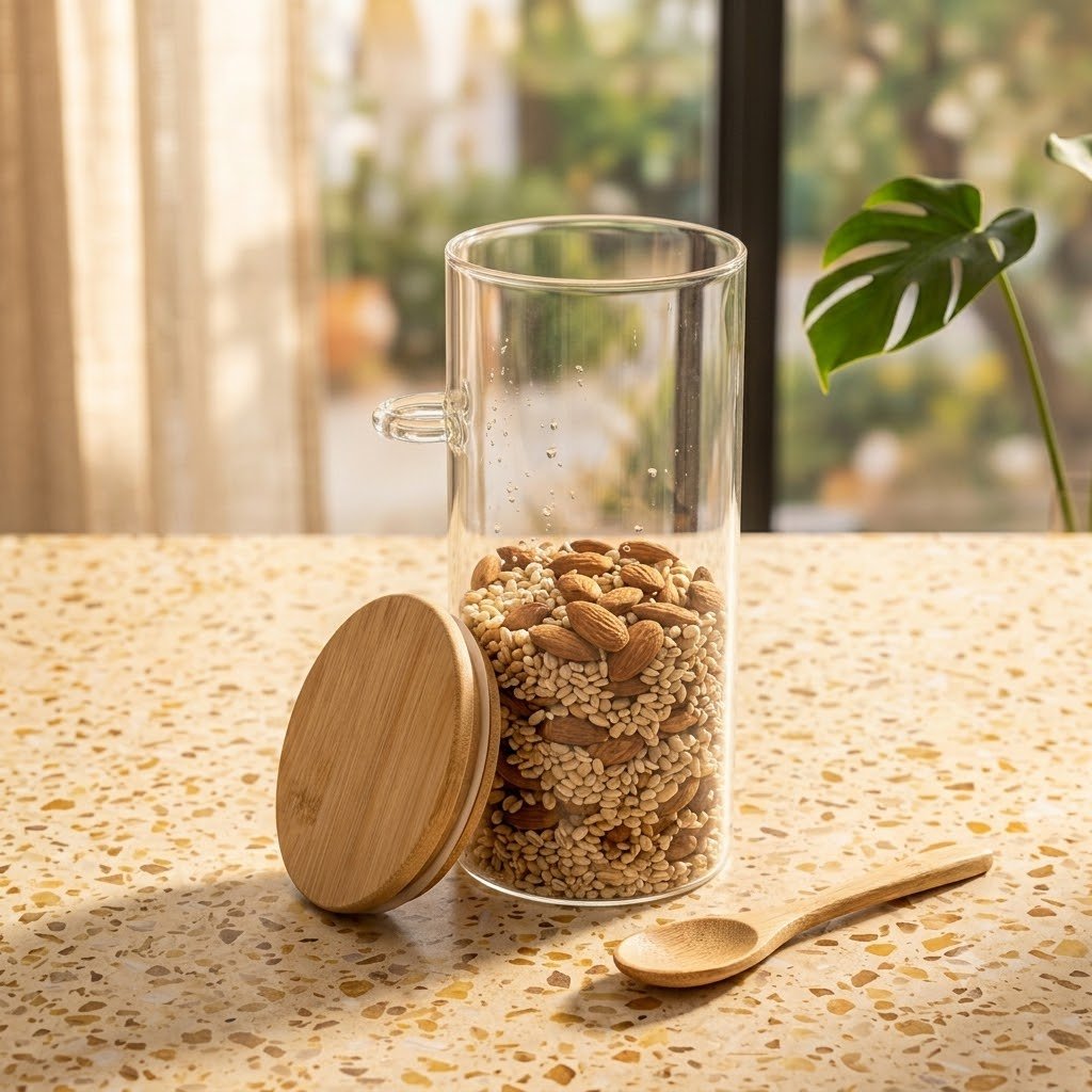 WOODEN LID JAR ROUND WITH SPOON 1100ML  23281