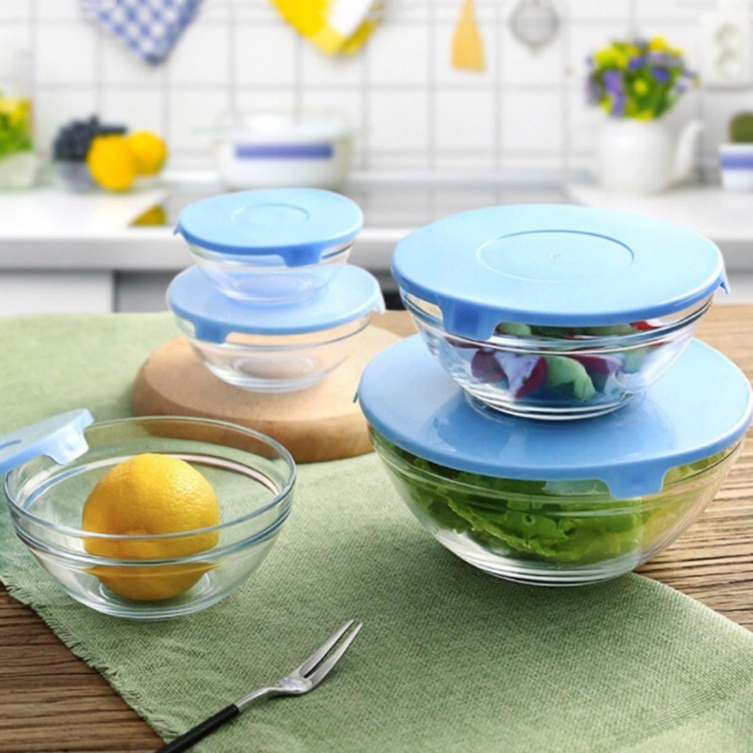 GLASS  BOWL SET ROUND 5 PCS LID 23319 | 808-FLOWER