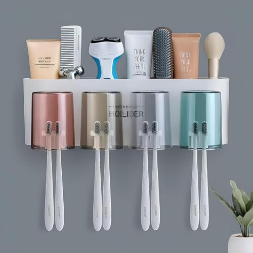 Wall Mounted Tooth Brush Holder for Bathroom with 4 Mouthwash Cups