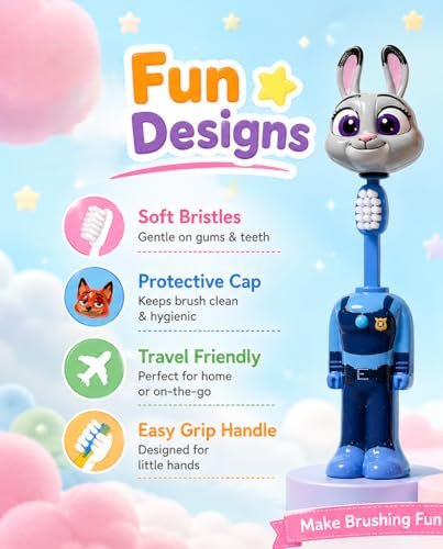 Kids Rabbit Character Toothbrush with Soft Bristles and Protective Cap, (1 pcs Piece Random Zootopia)