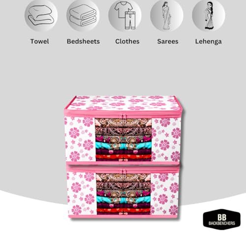 Flower Printed Non Woven Fabric Saree Cover with Transparent Window And Zip (Set Of 3)