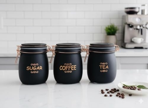 Tea, Coffee &amp; Sugar Storage Container Set | 3 PCS (SWING CAP BLACK COLOUR 860ML 3PCS SET)
