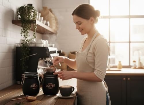 Tea, Coffee &amp; Sugar Storage Container Set | 3 PCS (SWING CAP BLACK COLOUR 860ML 3PCS SET)