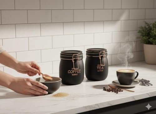 Tea, Coffee &amp; Sugar Storage Container Set | 3 PCS (SWING CAP BLACK COLOUR 860ML 3PCS SET)