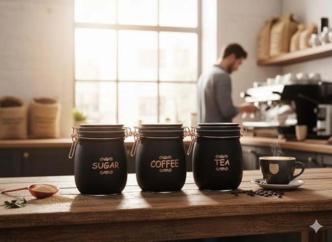 Tea, Coffee &amp; Sugar Storage Container Set | 3 PCS (SWING CAP BLACK COLOUR 860ML 3PCS SET)