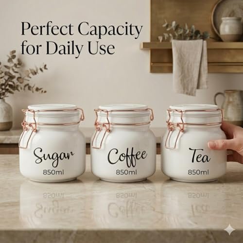 Tea, Coffee &amp; Sugar Storage Container | 3 PCS (SWING CAP WHITE COLOUR 860ML 3PCS SET)
